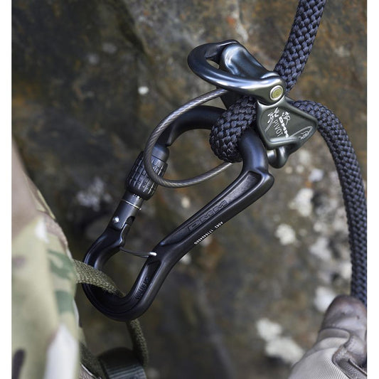 Action Shot of the DMM Ceros Screwgate Carabiner with the DMM Pivot